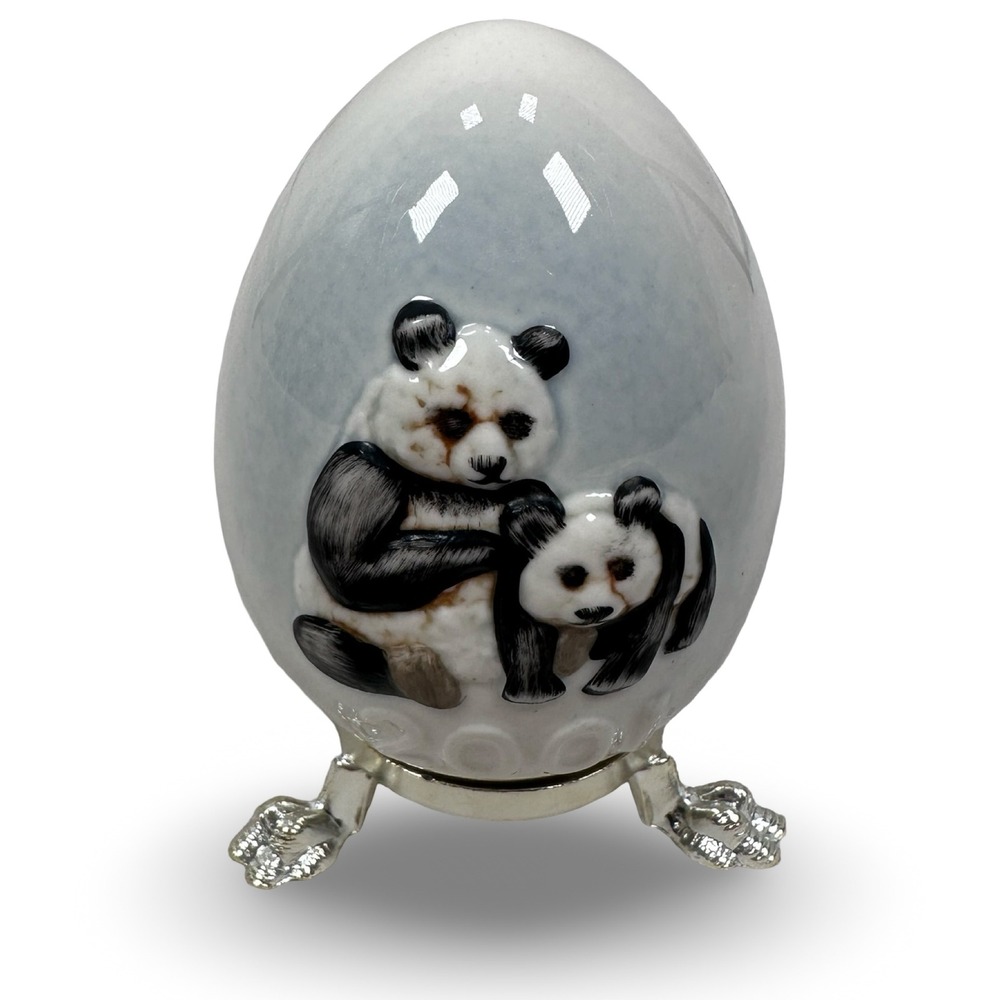 Goebel 2001 Panda Bear Porcelain Collector Egg with Silver Tone Stand Germany